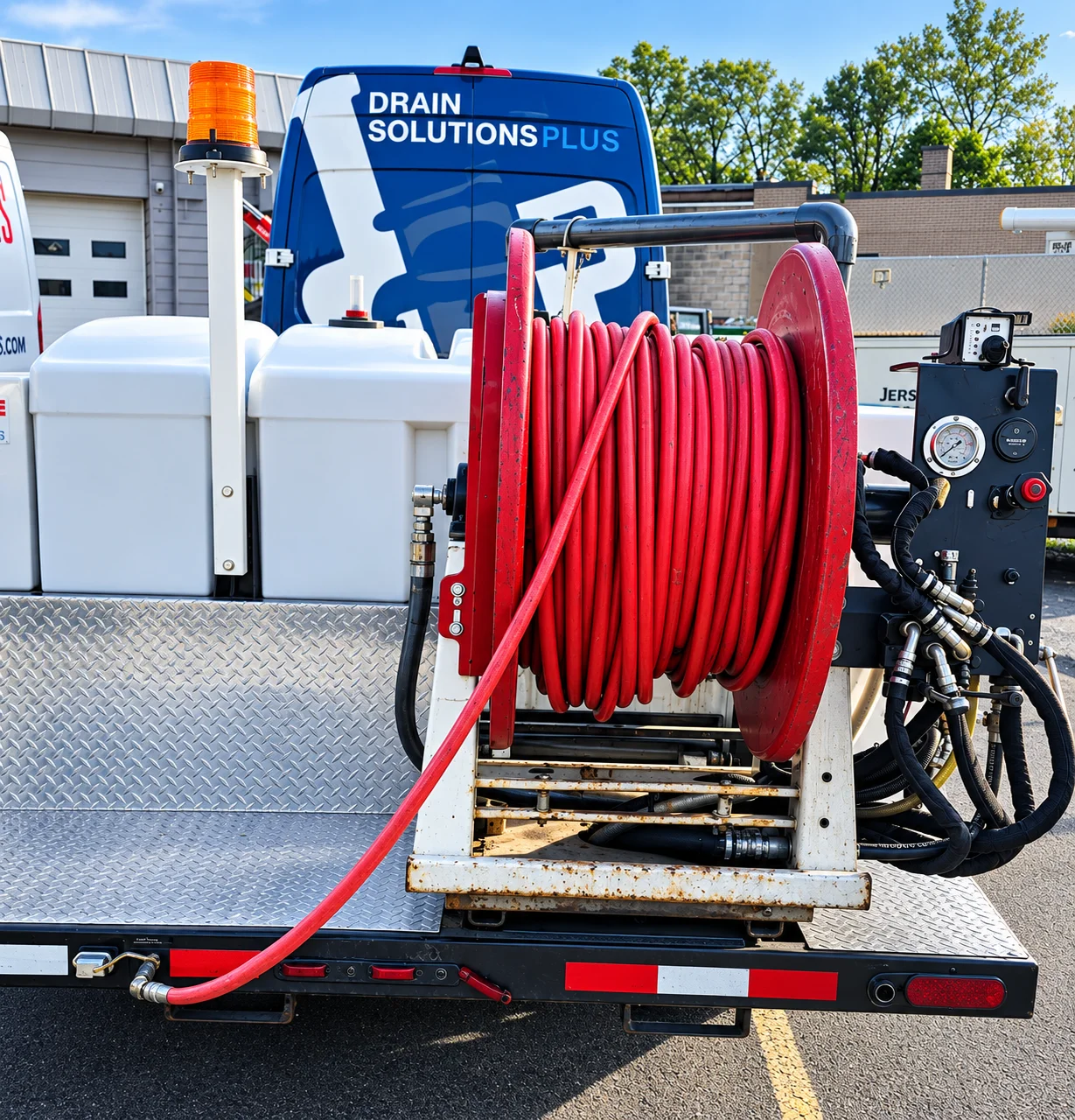 Technician using hydro-jetting equipment to clean a commercial drain